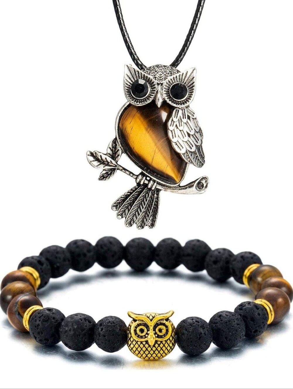 Owl Tiger Eye Pendant Necklace and Lava Bead Bracelet Set - Black & Brown